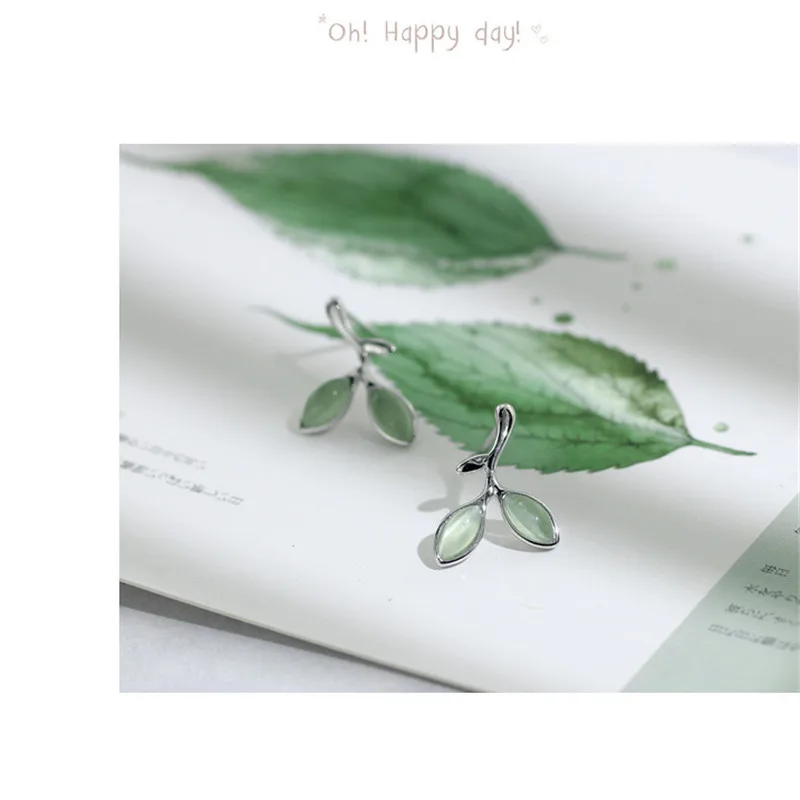 Новая мода 925 серебро зеленые листья растений Серьги-гвоздики Для женщин Шарм
