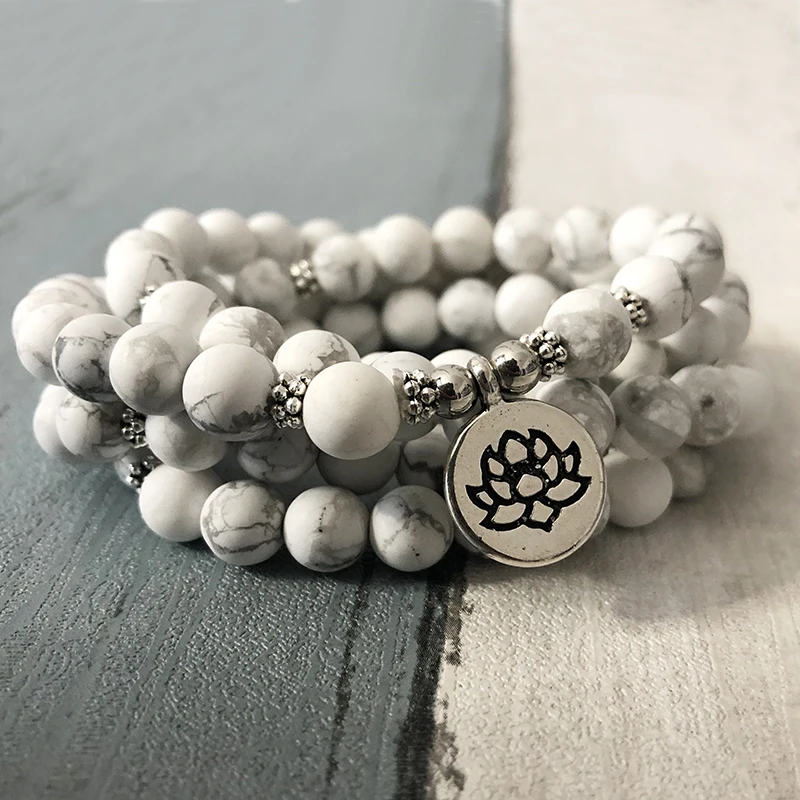 Матовые бусины Howlite Mala 8 мм 108 бусин браслет с цветком лотоса или ожерелье четки