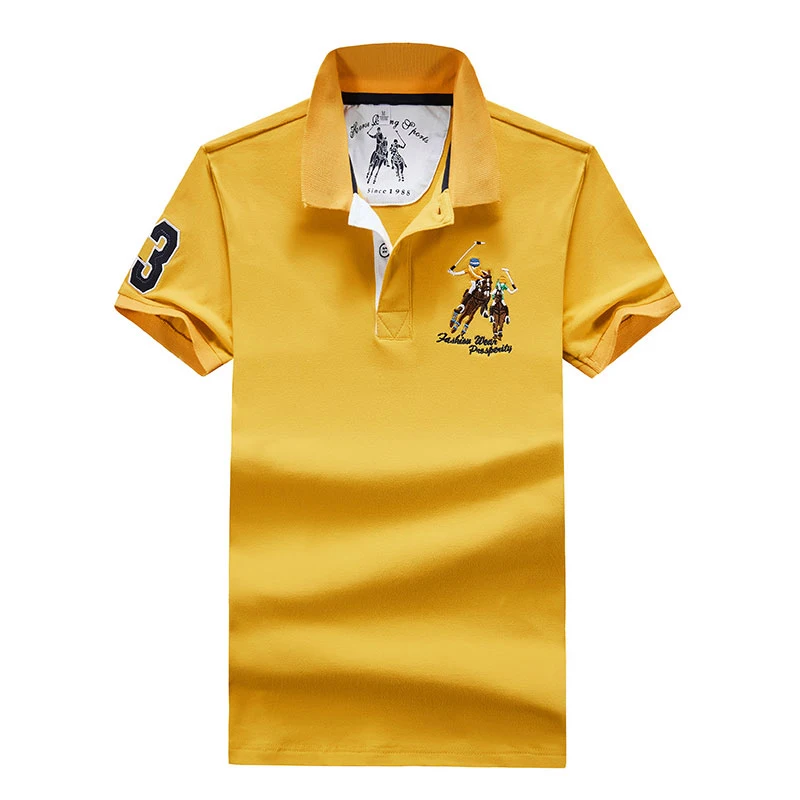Yellow MANTLCONX, летняя мужская рубашка поло, рубашка поло с вышивкой, Мужская рубашка поло с коротким рукавом, однотонная хлопковая рубашка поло для мужчин размера плюс M-4XL - Цвет: Yellow