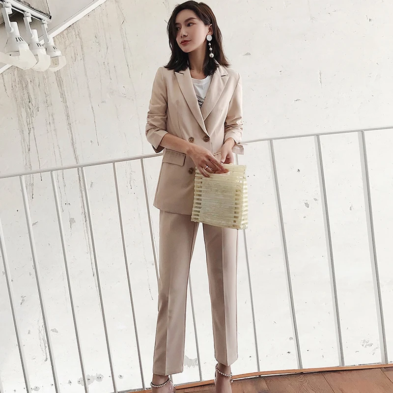Elegant Double Breasted Women Pant Suit Slim Blazer &amp Elastic Waist Pencil OL Style 2 Pieces Set 2018 Autumn | Женская одежда