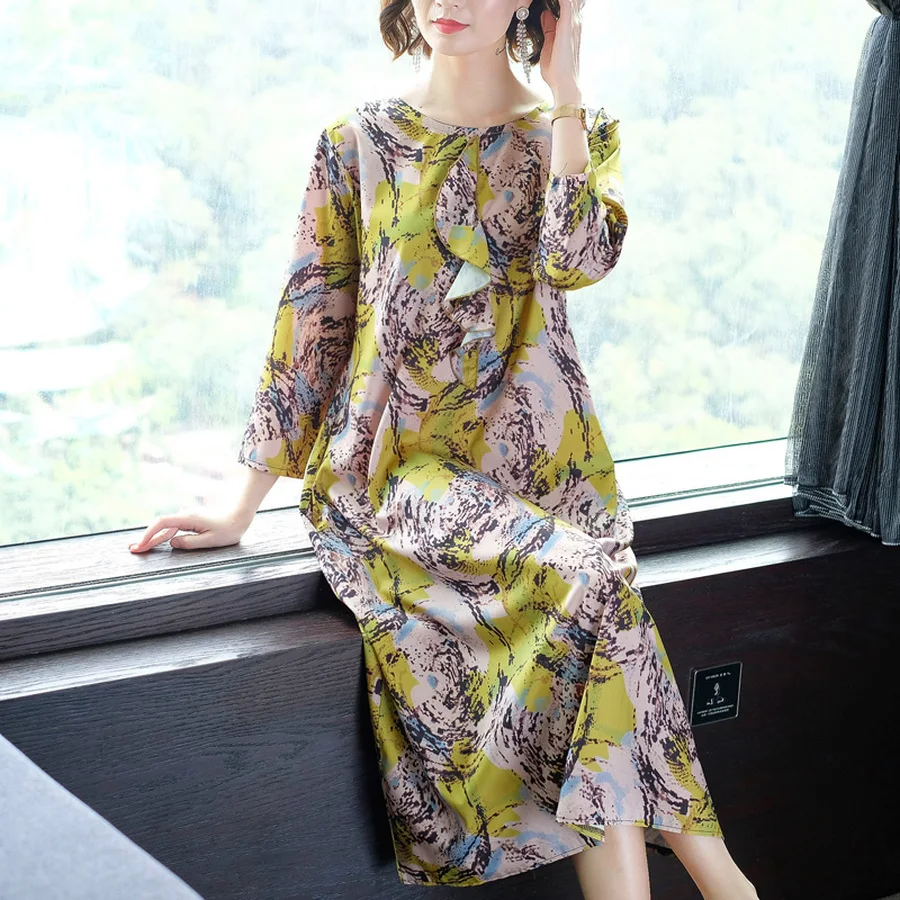 2019 Новый Винтаж шелка с цветочным рисунком в богемном стиле платья средней длины