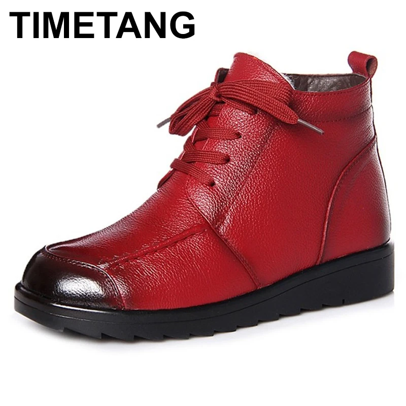 

TIMETANG 2018 Genuine Cow Leather Women Ankle Boots Lace Up Round Toe Natural Wool Snow Boots Women Winter Warm Flat Shoes
