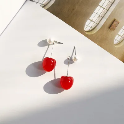 N Small AOMU Japan Cute Sweet Simulation Gradient Red Cherry Gold Color Fruit Pearl Stud Earrings for Women Girl Lovely Party Birthday - Окраска металла: N Small