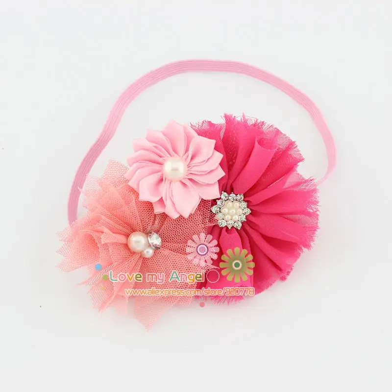 girl headband shabby chic flower hairband Rhinestone Button satin tulle Hair accessories 12pcs/lot | Детская одежда и обувь