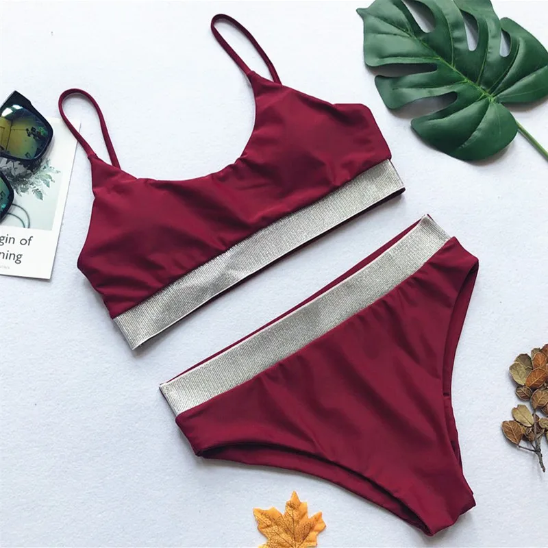 Купальник с высокой талией 2018 женские пикантные бикини блестками пляжные