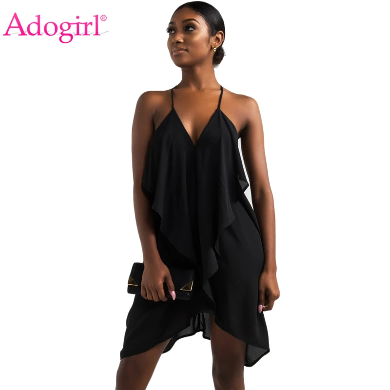 Женское шифоновое асимметричное платье Adogirl однотонное черное без рукавов с