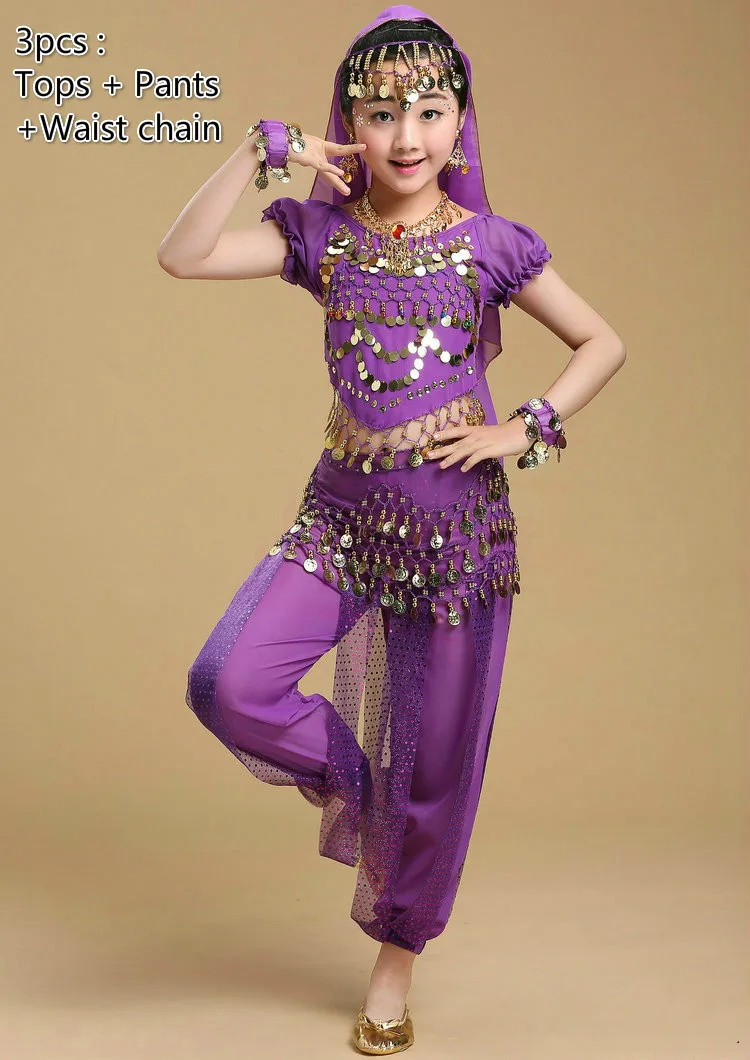 3pcs purple Детский костюм для танца живота для девочек, Детский костюм для выступлений, индийский танец живота, сексуальный Египетский танцевальный костюм, Одежда для танцев, 6 цветов - Цвет: 3pcs purple