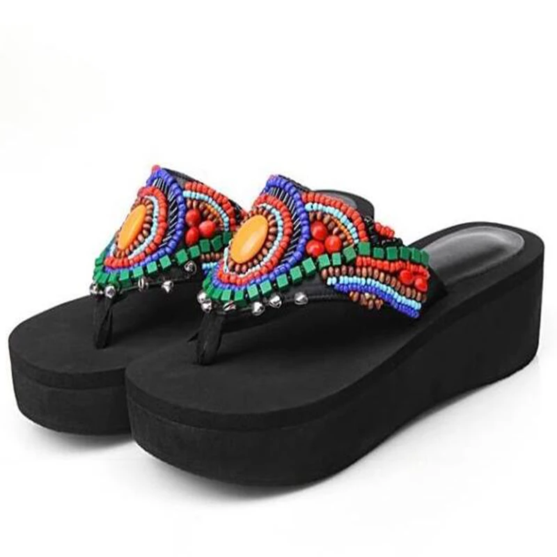 Богемные женские летние шлепанцы на платформе в национальном стиле со шнурками и