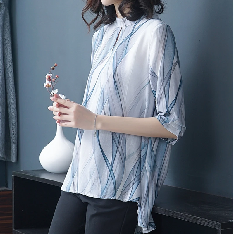 Новая весенняя женская рубашка Элегантная свободная шелковая с волнистым