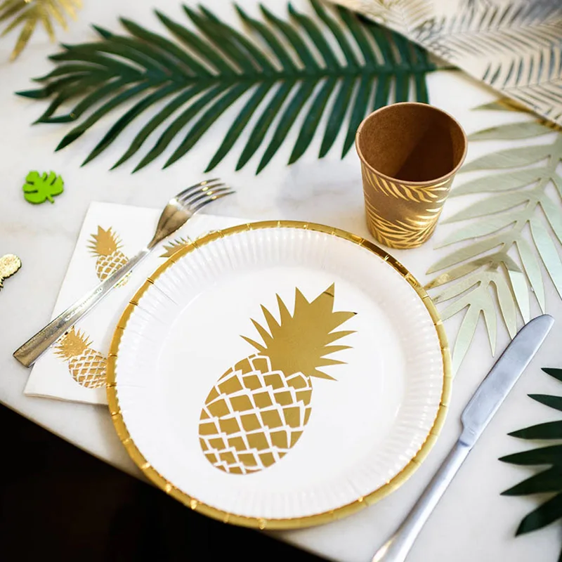 

Hawaiian Party Decorations Pineapple Theme Disposable Tableware Set Tropical Leaves Hot Stamping Wedding Decor Supplies