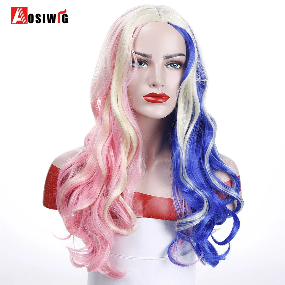 Comic Harley Quinn Synthetic Wig Mixed Color Blue and Pink Ombre Long Wavy AOSIWIG | Шиньоны и парики
