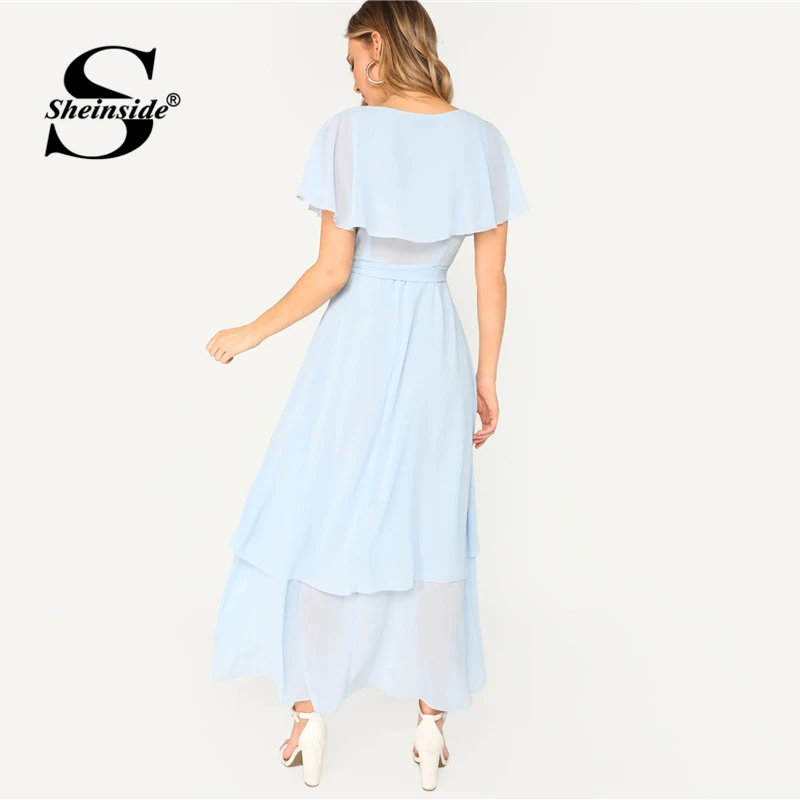 Sheinside, элегантное платье макси с рукавами-крылышками, для женщин,, летнее, с высокой талией, ТРАПЕЦИЕВИДНОЕ ПЛАТЬЕ, для девушек, одноцветное, многослойное, шифоновое платье с запахом