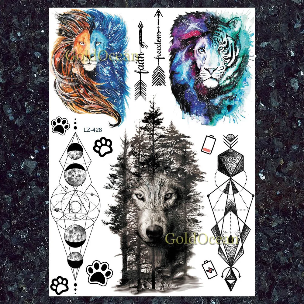 Золотой Океан Черный Рукав Мерцающий Тигр Женские Геометрические Татуировки Наклейки Мужской Грудь Волк Тату временного алмазного пика Мотыль Татуировки.