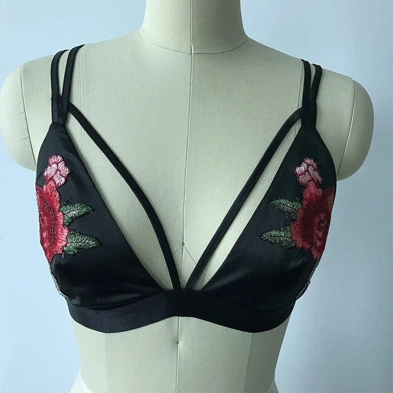 Пикантные атласные Черный Push Up Bra Для женщин белье Вышивка Strappy Глубокий V Wirefree
