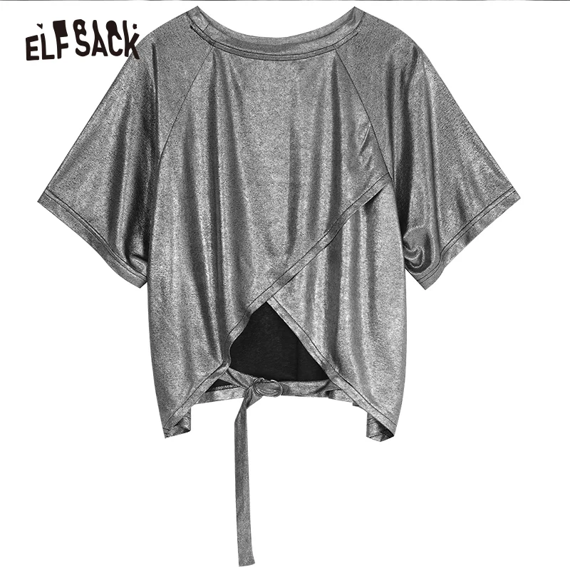Женский блестящий топик ELF SACK серебристый короткий оверсайз топдля улицы с