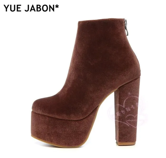 

New woman velvet high platform chunky heel boots pink black green velvet thick high heel platform ankle boots woman winter boots
