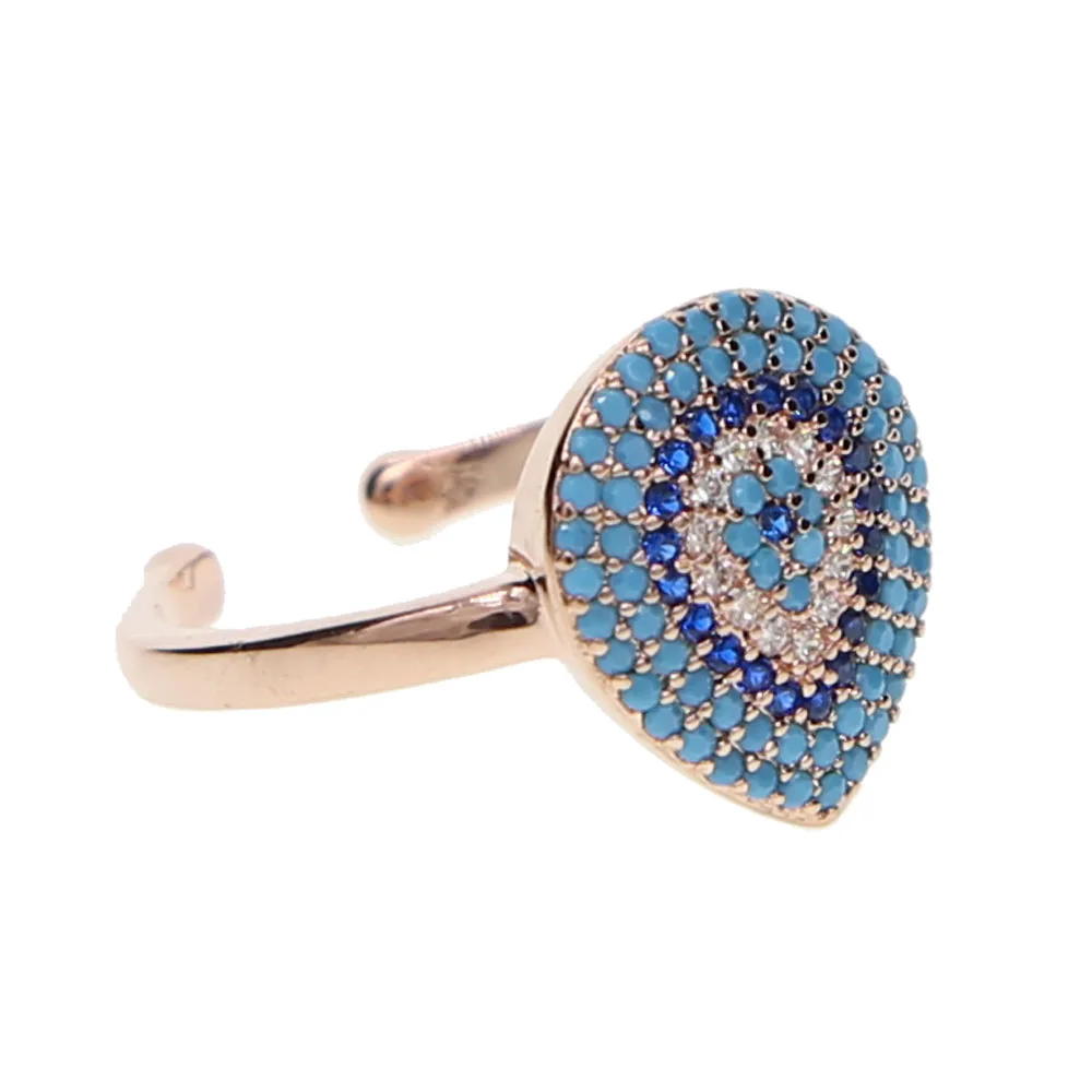 Женское кольцо с цирконием регулируемое Открытое цвета розового золота голубым