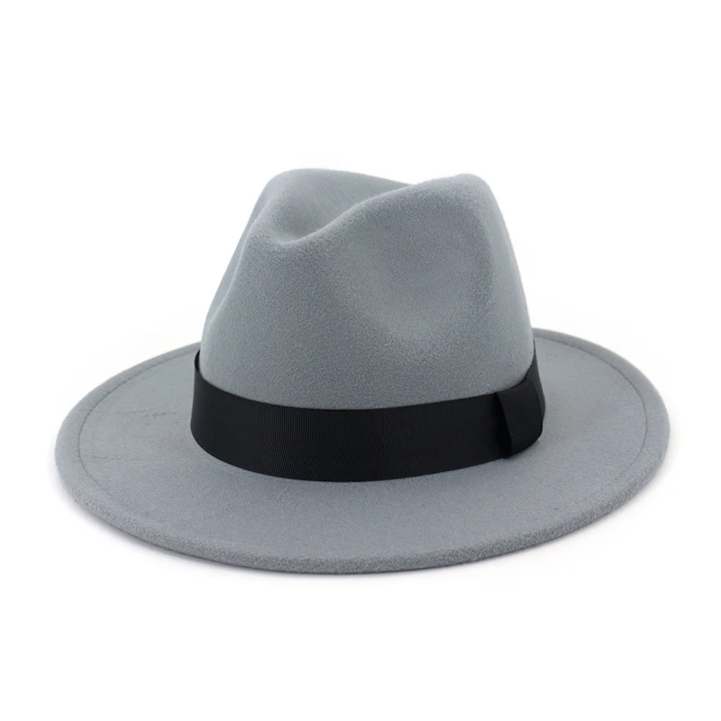 QIUBOSS для мужчин женщин плоские поля Джаз Шерсть фетр Fedora шапки черная лента украшения просто унисекс Панама шляпа игрока Trilby QB54 - Цвет: Серый