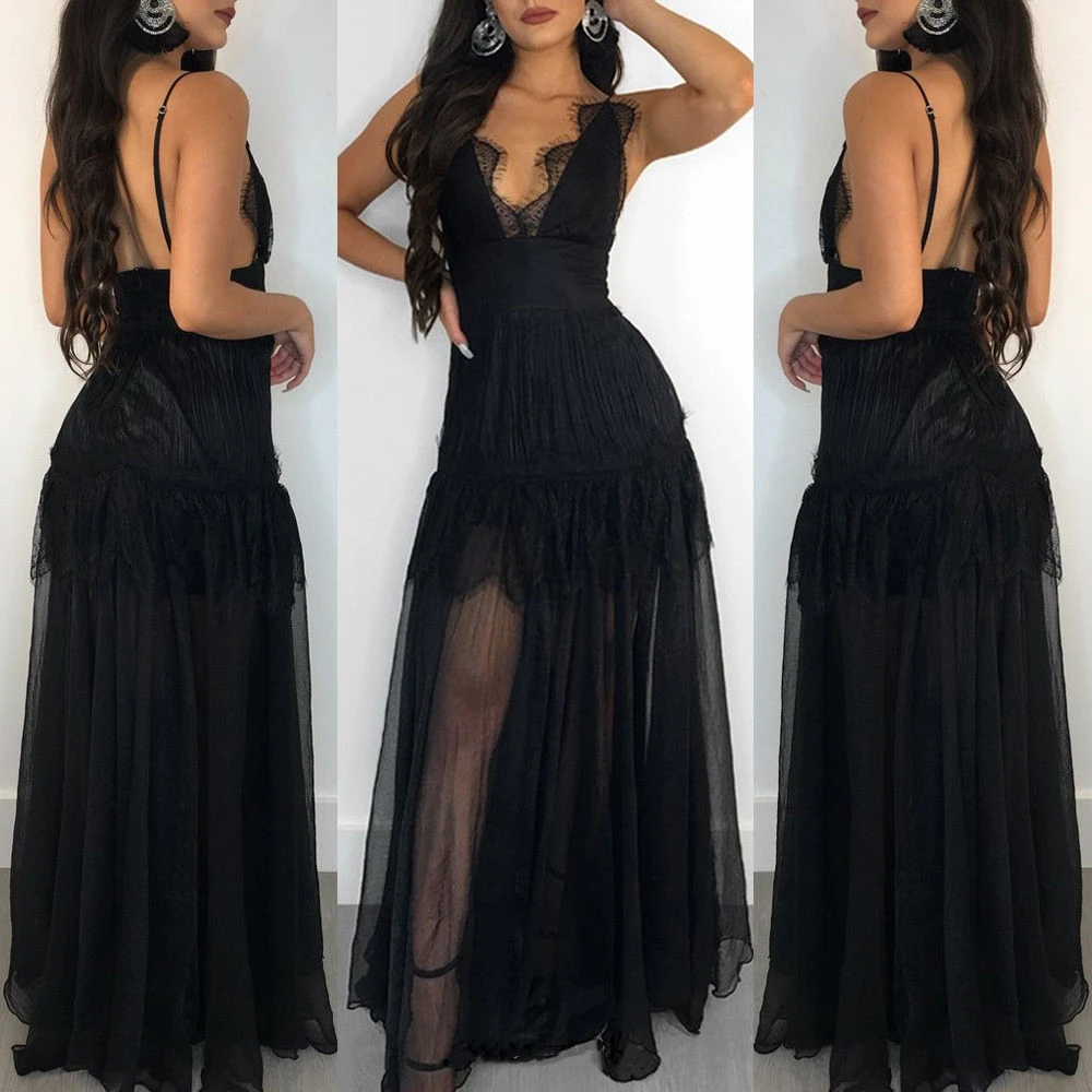 Женское длинное платье макси черное кружевное с глубоким вырезом на спине