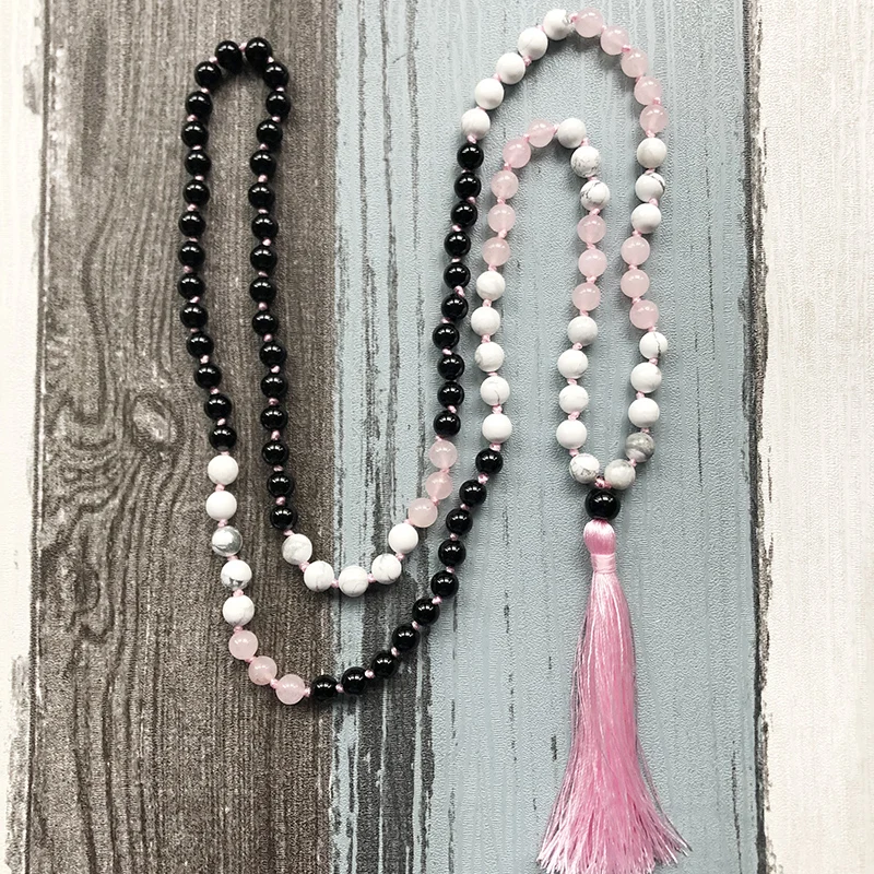 Mala Beads Rose Q-uartz ожерелье ручной работы 108 мала-Йога с кисточкой Белый Howlite Черный