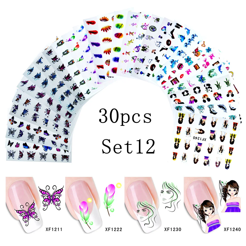 SET 12 Bittb 30 шт. наклейка с цветком для ногтей наклейки цветочный дизайн ногтей наклейки s татуировки переводные Ногти украшения маникюрные инструменты - Цвет: SET 12