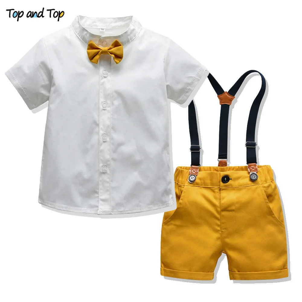 Top and Summer Kids Boy Casual Clothes Set Cotton Short Sleeve Bow Tie Tops+ Suspender Shorts Children Gentleman Suit |
