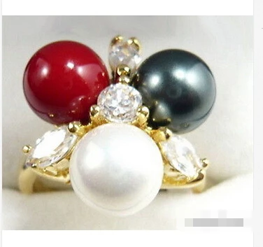 

Free shipping@@@@@ Black White South Sea Shell Pearl Red Coral 18KGP Crystal Ring Size: 6.7.8.9