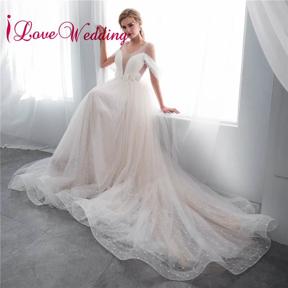 Романтический Vestido de Noiva ТРАПЕЦИЕВИДНОЕ свадебное платье прозрачное украшенное