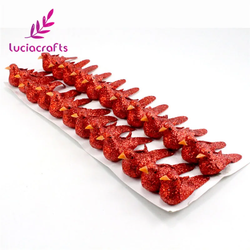 Red Lucia crafts, 12 шт./лот, 2*4 см, смешанные цвета, пена, искусственные хроматические птицы, свадьба, Рождественская елка, сделай сам, украшение H0454 - Цвет: Red