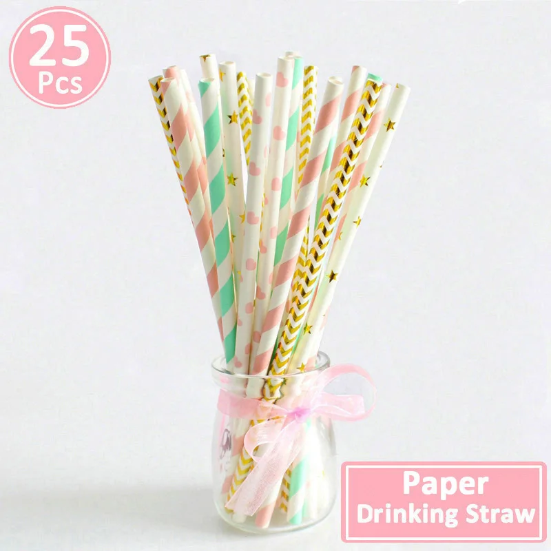 gold pink green 25 шт. розы в ассортименте золото полосатый бумажные соломинки Одноразовая посуда для вечеринок ко дню рождения украшения детские товары для взрослых - Цвет: gold pink green
