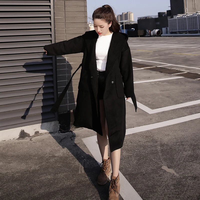 Женское шерстяное пальто с капюшоном зеленое длинное для студенток Осень-зима 2020