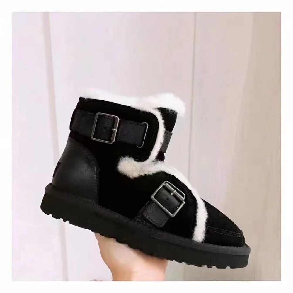 Кожаная обувь с шерстью зимние женские сапоги пряжками|Зимние сапоги| |