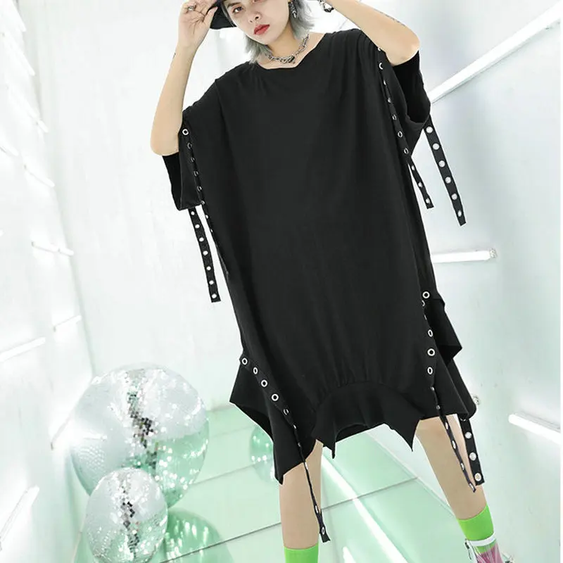 COOL Sequined Hole Ribbon Black Tshirt Women Irregular Hem Casual Plus Size Hip Hop Ladies Long Streetswear Oversized Tees Tops | Женская