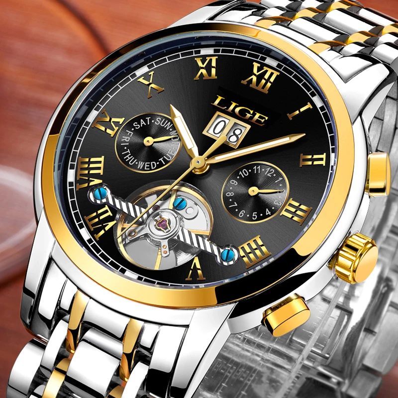 

LIGE Mens Watches Top Brand Fashion Luxury Business Automatic Mechanical Watch Mens Military Full Steel Waterproof Clock Relogio