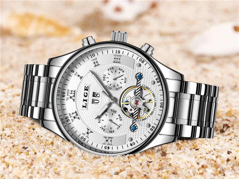 LIGE Fashion Sports Watch Men Business Leather Clock Mens Watches Top Brand Luxury Automatic Mechanical Watch Relogio Masculino