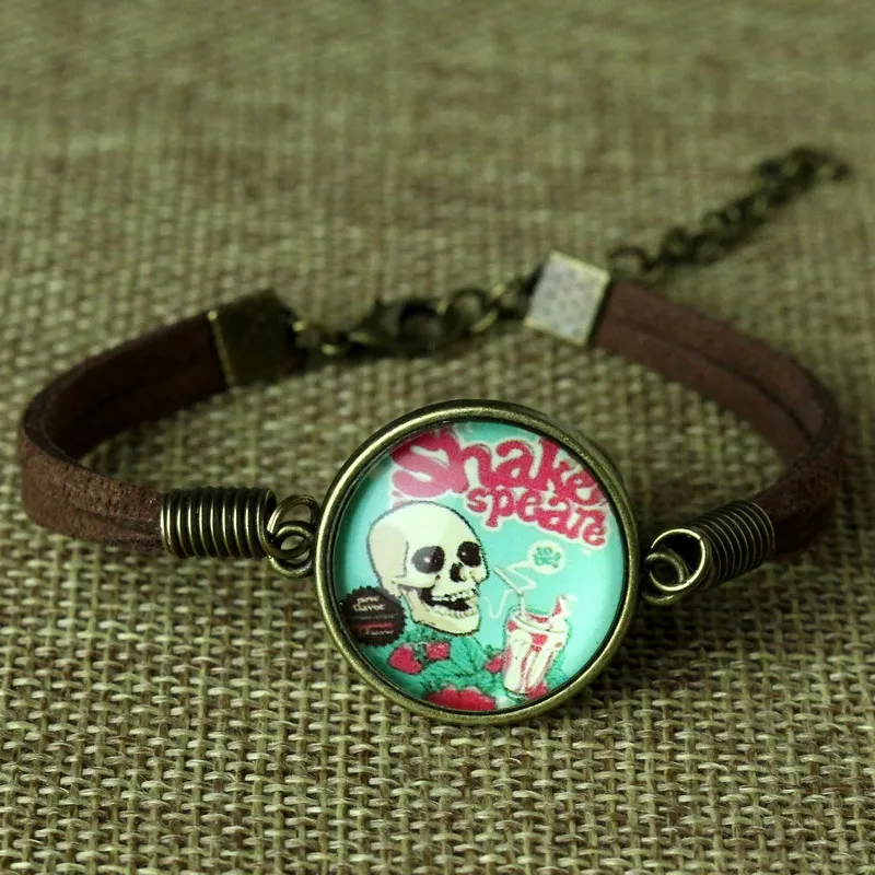 Elessical Хэллоуин изделия ручной работы кожаный браслет череп Стекло кабошон в