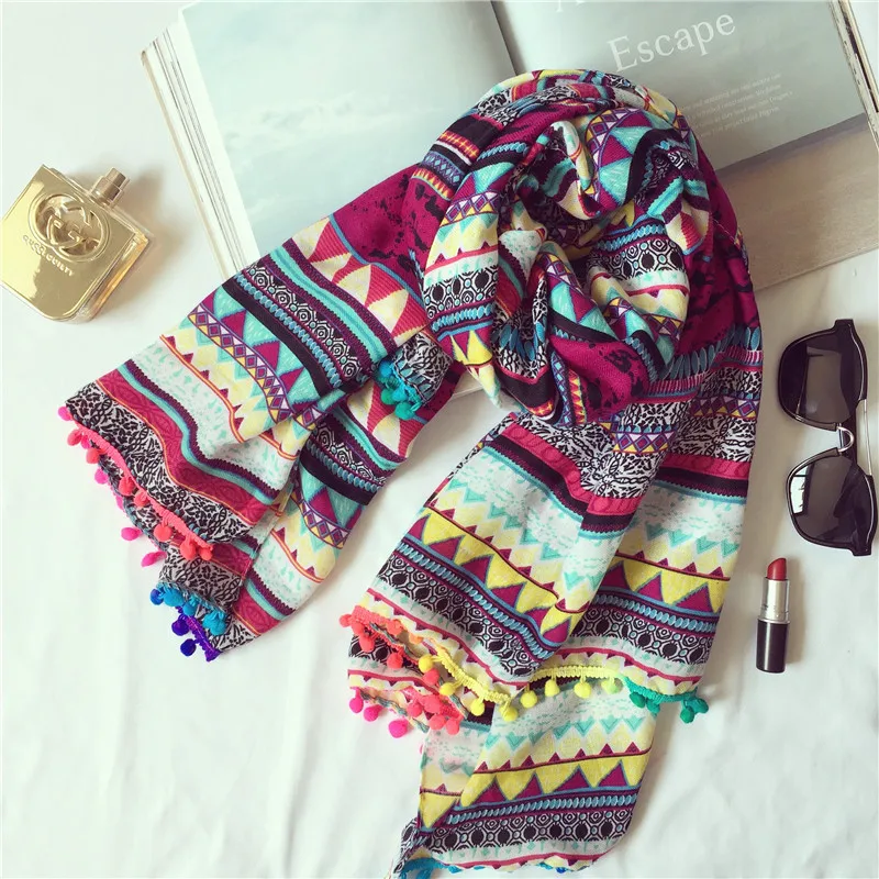 2017 Новый геометрический шарф в богемном стиле Модная отделка с помпоном