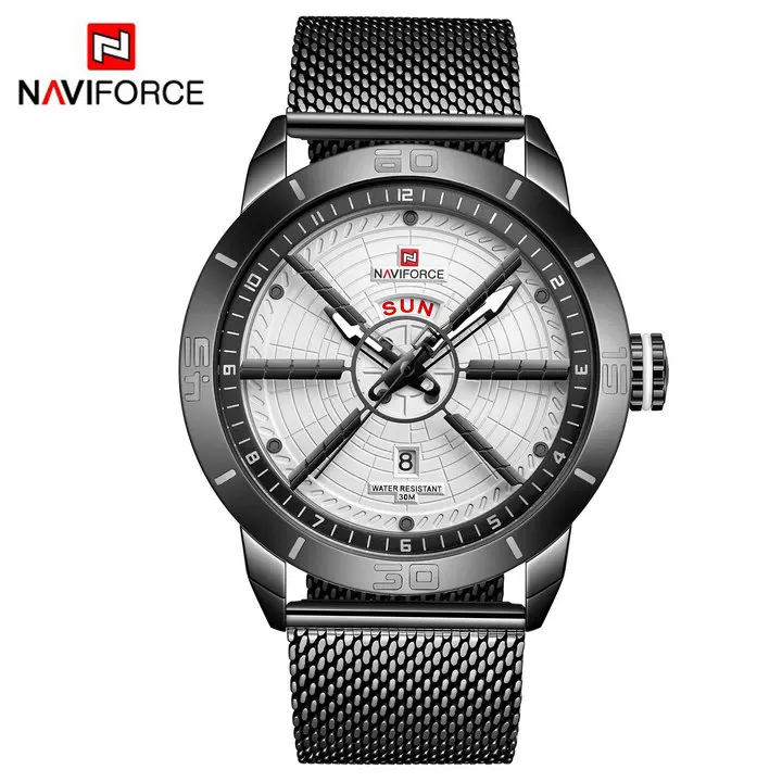 BLACK WHITE NAVIFORCE синие часы для мужчин Мода 3D дизайн кварцевые мужские часы сетчатый ремешок Дата Неделя дисплей Водонепроницаемый Топ бренд класса люкс часы - Цвет: BLACK WHITE