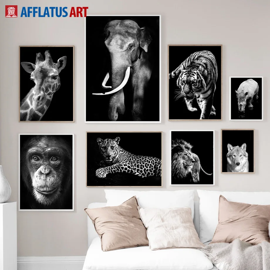 

Black White Elephant Monkey Tiger Giraffe Wall Art Canvas Painting Nordic Posters And Prints Wall Pictures For Living Room Decor