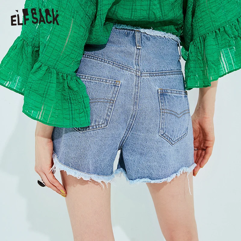 Женские шорты ELFSACK синие потертые джинсы с высокой талией на шнурках лето 2019 |