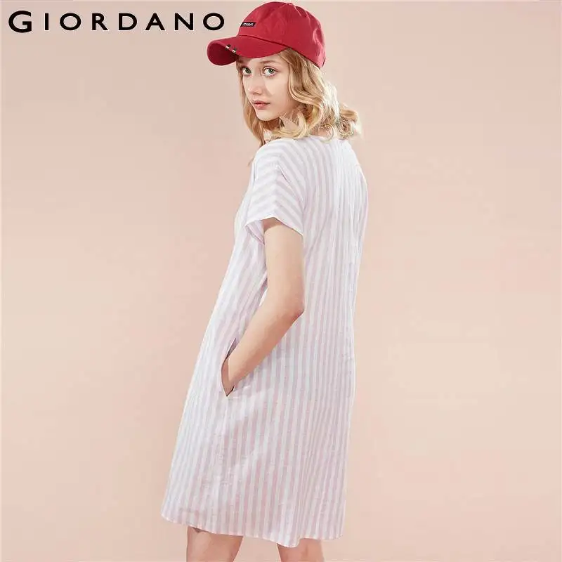 Giordano женское платье натуральное льняное хлопковое свободное с круглым вырезом