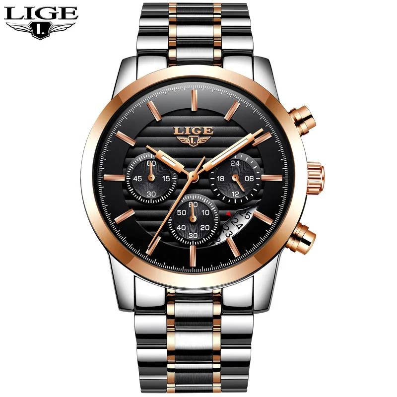 rose gold black LIGE мужской роскошный бренд часов полная сталь кварцевые часы мужские военные водонепроницаемые платья спортивные мужские модные повседневные relogio masculino - Цвет: rose gold black