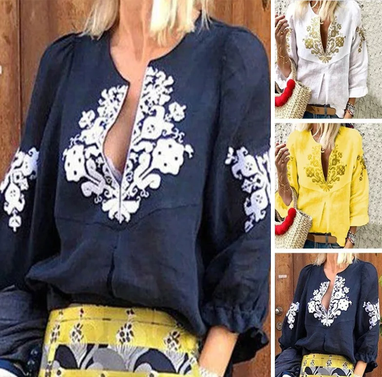 Простая хлопковая + льняная блузка с круглым вырезом и принтом женская блуза