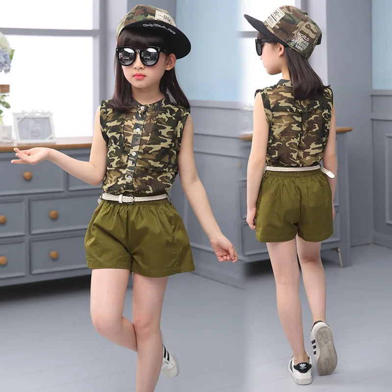 Детская одежда летняя камуфляжная из шифона с ремнем для девочек 3 шт. армейский