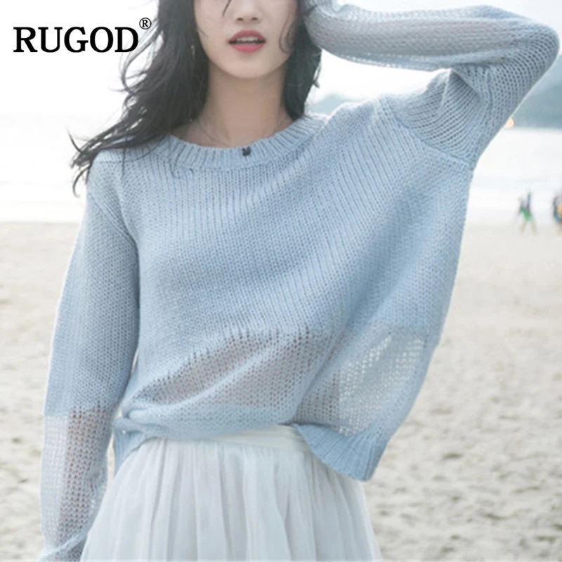 Женский трикотажный свитер RUGOD синий сетчатый с круглым вырезом Базовая