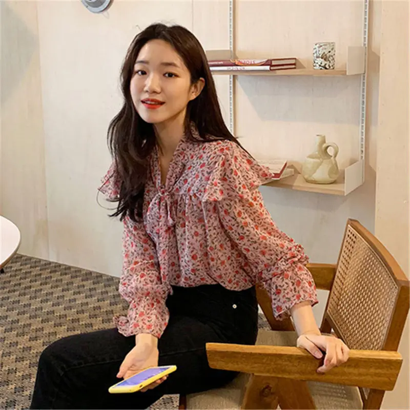 Hzirip New Bows Elegant Loose Free Simple Female Casual Stylish Sweet Bow Collar Slim Comfortable Print Preppy Style Shirt |