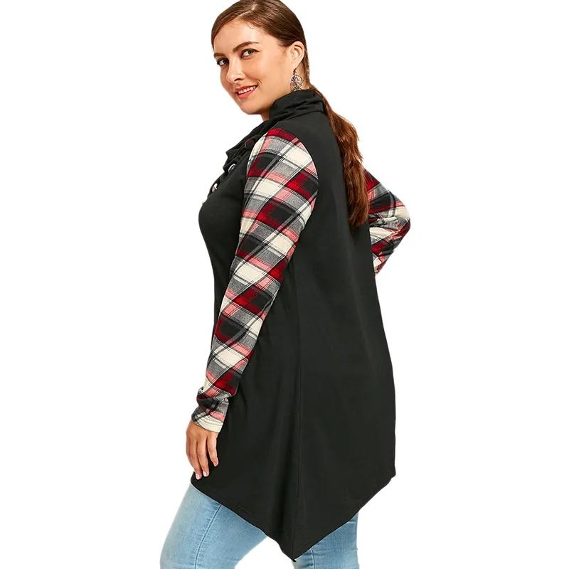 PlusMiss плюс размер 5XL кучи воротник плед панель туника Топ женский длинный рукав