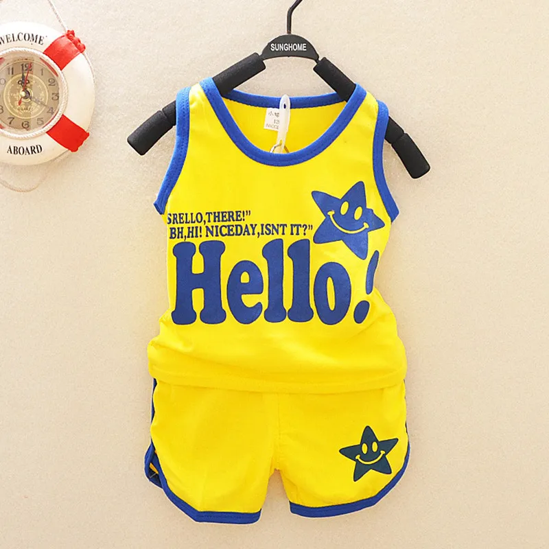 Boys Set Vest+Pants New Cartoon Summer Hello Letter Causal Boy Vest Short Pants Kids Clothes 1-3T Children's Clothing Sets |