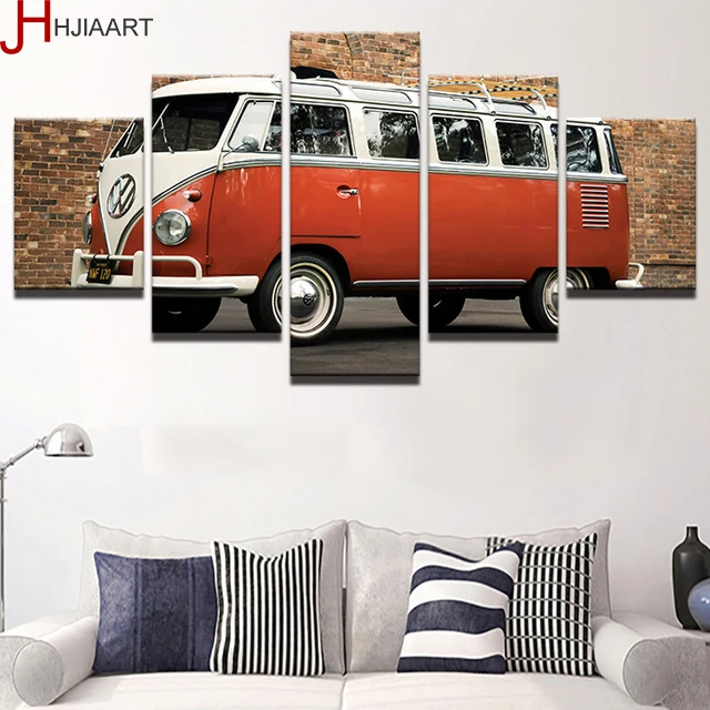 

Modern Canvas Paintings Home Decor HD Printed Posters 5 Pieces Red Retro Car Bus Pictures For Living Room Wall Art Framework