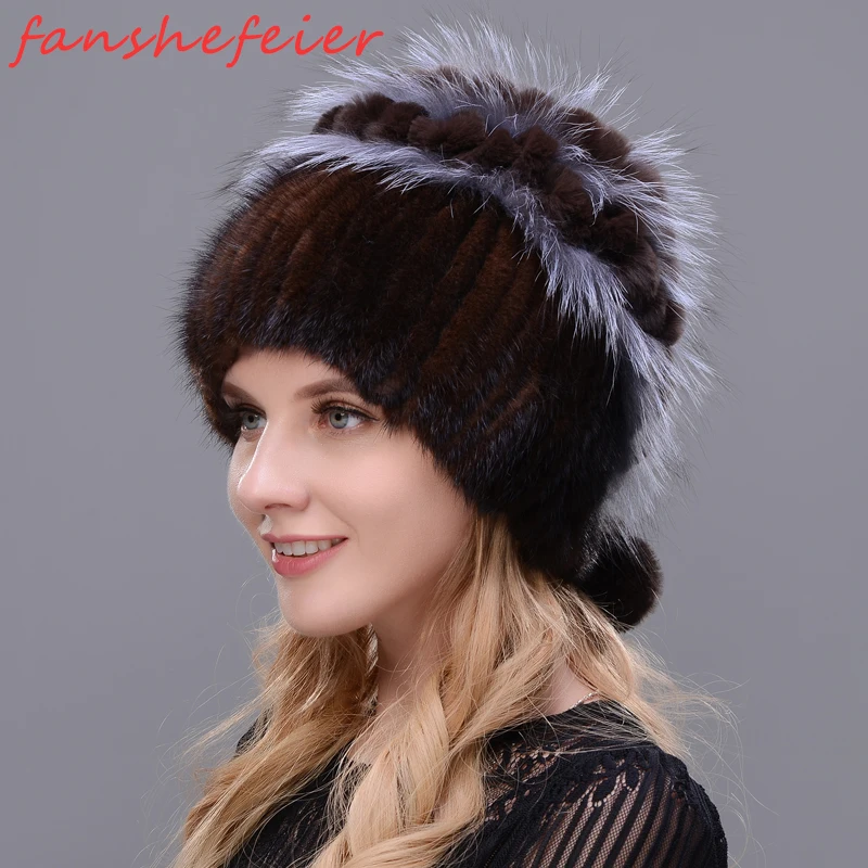 FANSHEFEIER Женская Зимняя Шапка-бини, настоящий мех кролика, женская вязаная шапка, утолщенная Женская Роскошная шапка с лисой - Цвет: colour01